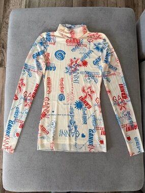 Ganni Shirt Womens Cream Egret Higher Love Sheer Mesh Turtleneck Long Sleeve XS